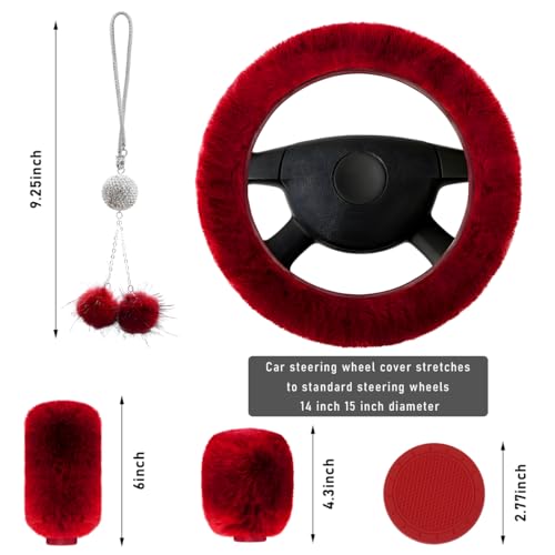 Yourkar 6 PCS Fluffy Steering Wheel Covers Set, 15 Inch Soft Steering Wheel Cover, Handbrake Cover & Gear Shift Cover & Cup Holder Coaster & Car Mirror Accessory, Car Accessories (Wine Red) - color: Wine Red