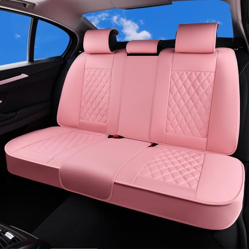 Huidasource Pink Rear Seat Covers, Nappa Leather Back Seat Covers Velcro Adjustable, Compatible with Seat Belts, Child Safety Seats, Fit for Most Cars SUVs Trucks (Back Row/Pink) - color: 01R# Pink, size: Back Seat Cover