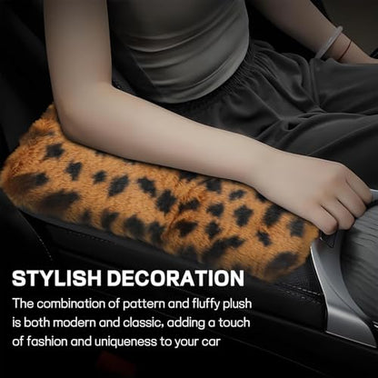 wuyaoyao Car Center Console Cover, 11.8"×7.87" Soft Sheepskin Wool Car Armrest Cover, Leopard Print Auto Armrest Cushion Pad, Furry Vehicle Arm Rest Protector, Universal Car Accessories (Brown)