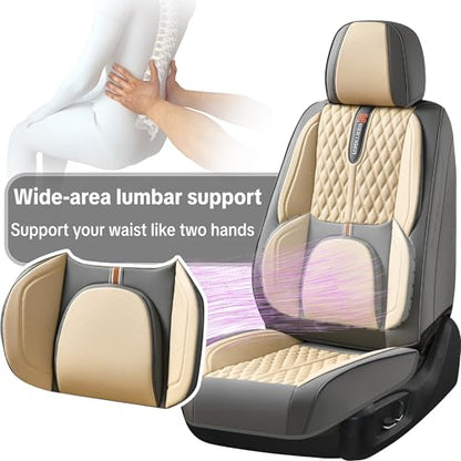 Khaki Car Seat Cover Complete Set, Universal Car Seat Cover for Car with Lumbar Support, Premium Artificial Leather, Waterproof and Easy to Clean, Airbag Compatible, Seat Heating Compatible - color: B_Khaki