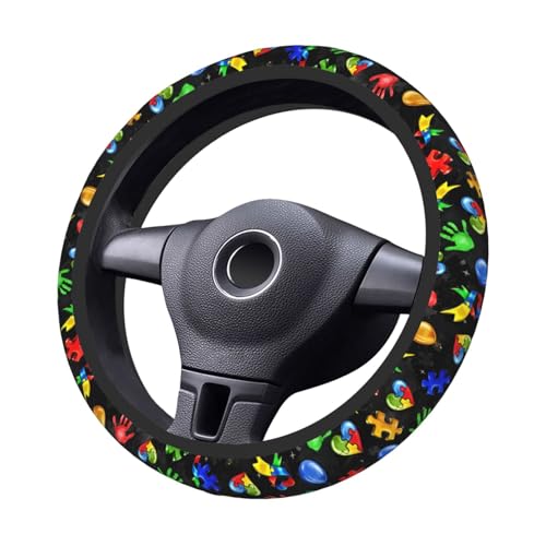 Autism Awareness Steering Wheel Cover Anti-Slip,Sweat Absorption Universal 15 inch Steering Wheel Covers Cute car Accessories for Men Women - color: Black 2