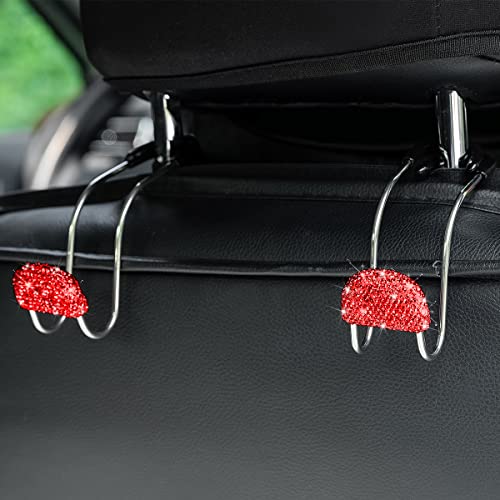Car Headrest Hook, 2 Pack Bling Backseat Organizer Hanger for Purse Clothes Grocery Bag, Rhinestones Auto Headrest Storage Holder, Universal Car Seat Accessories for Most Vehicle (Red) - color: Red