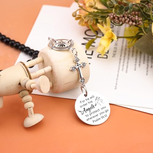 Car Cross Charms Christian Car Accessories Rear View Mirror Hanging Accessories for He Will Order His Angels to Protect You Wherever You Will Go Cars Rosary Bible Verse Religious Gifts for Women