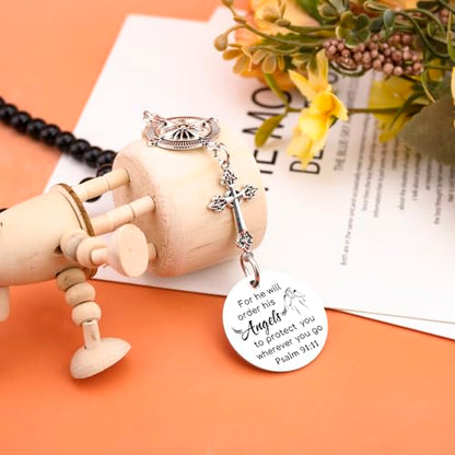 Car Cross Charms Christian Car Accessories Rear View Mirror Hanging Accessories for He Will Order His Angels to Protect You Wherever You Will Go Cars Rosary Bible Verse Religious Gifts for Women