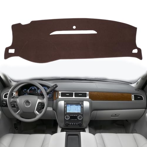 Dashboard Dash Cover Mat Carpet Compatible with 07-14 Chevy Tahoe Suburban Denali Avalanche GMC Yukon/XL,07-13 Chevy Silverado Sierra Without Dash Speaker and Only One Glove Box(07-14 Brown)