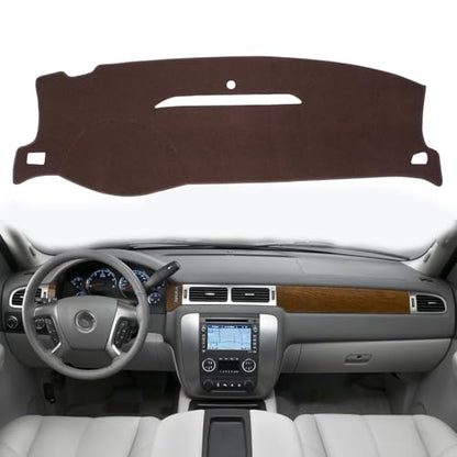 Dashboard Dash Cover Mat Carpet Compatible with 07-14 Chevy Tahoe Suburban Denali Avalanche GMC Yukon/XL,07-13 Chevy Silverado Sierra Without Dash Speaker and Only One Glove Box(07-14 Brown)