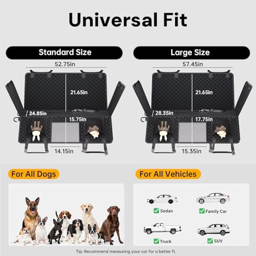 Dog Car Seat Cover for Back Seat Hard Bottom, [Powerful Holds 450 Ibs] [Space+50%] 600D Waterproof Non-Slip Car Hammock, Back Seat Extender Dogs, Sedans/SUVs/Trucks, Standard, Black