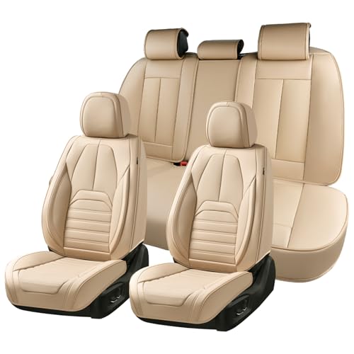 Car Seat Covers Full Set, Beige Seat Covers for Cars, Automotive Seat Covers, Waterproof Nappa Leather Front Seats and Back Car Seat Protector, Universal Fit for Most Cars SUV Trucks - color: Pure-Beige