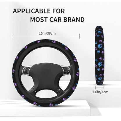 Purple Dog Paw Print Steering Wheel Cover Blue Dogs Prints Anti-Slip Breathable Universal for 14-15 Inch Car with 2 Pieces Car Coasters for Men/Women - color: Purple Dog