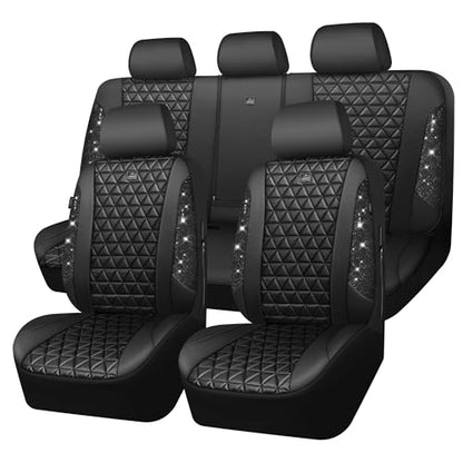 CAR PASS Bling Diamond Black Leather Car Seat Covers Full Sets Interior Sets, Waterproof Shining Glitter Sparkly Crystal Universal Armrest Fit Automotive Truck SUV Cute Women Girl, Black PU Rhinestone - color: Black Rhinestone, size: Full Set