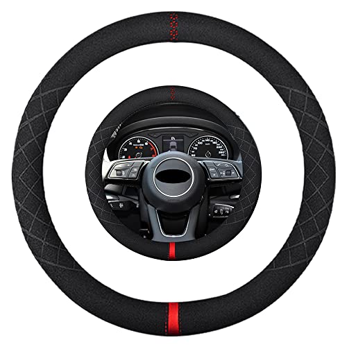 Suede Steering Wheel Cover,Compatible with Audi A3 A4 A5 A6 A8 R8 RS7 S3 S5 S6 S8 SQ5 TT Q7 Suede Leather Sport Non-Slip Wheel Cover Car Interior Accessories 15 inch for Man and Women - color: Fit Audi O Shape Suede Red Mark in Black, size: 15 inch