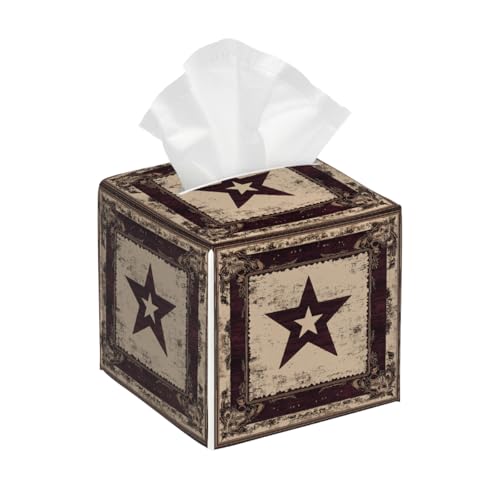 Tissue Box Cover PU Leather Square Tissues Holder Brown Western Vintage Star Decorative Facial Paper Organizer Dispenser for Bedroom Bathroom Vanity,Home Office Car - color: Brown