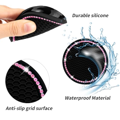 Car Coasters, Senose Bling Car Accessories for Women, Universal 2.75" Anti-Slip Silicone Cup Holder Coasters for Car, Cute Automotive Cup Holders Diamond Vehicle Interior Decor (Black Pink, 2 Pack)