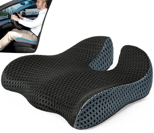 Car Seat Cushion, Broader Visibility with Wedge Design & Coccyx Sciatica Pain Relief with Ergonomic Design, Non-Slip Base,Breathable Mesh Cover, Memory Foam for Long Drive in Car Truck Van Motorhome
