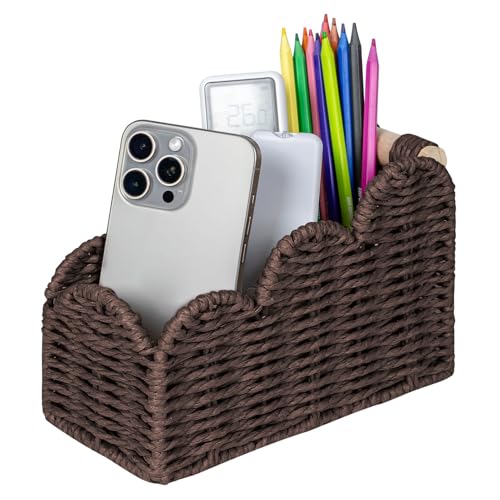 CubesLand Bedside Table Desk Organizer Caddy, Remote Pen&Pencil Holder Cup, Makeup Brush Holder w/Scalloped Perfect for Home, Office Desk, Living Room Table Decor, 3 Slots Brown - color: Brown