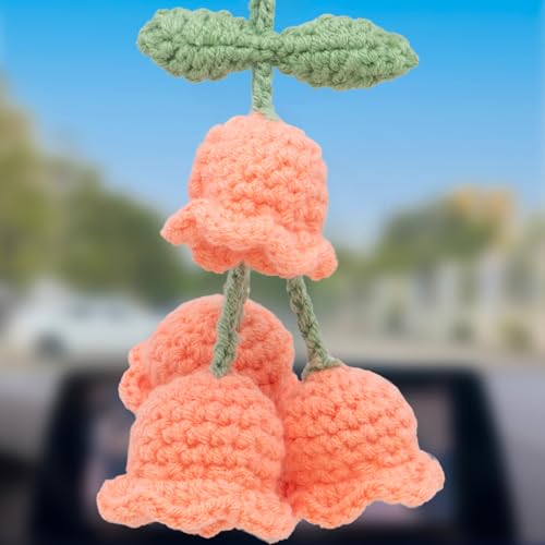 Car Mirror Hanging Accessories - Handmade Knitted Lily Flower Pendant, Cute Crochet Hanging Decor for Rearview Mirror, Women's Car Interior Decoration (1 PCS, Orange) - color: Orange-4