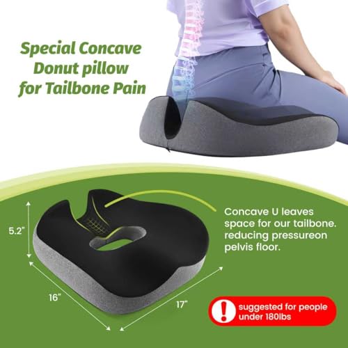 Concave U Surface Donut Pillow for Tailbone Pain Cradle Tailbone Reducing Pressure on Pelvis- Hemorrhoid Pillow for Office, Car, Home Seat-Gray (Black/Gray)