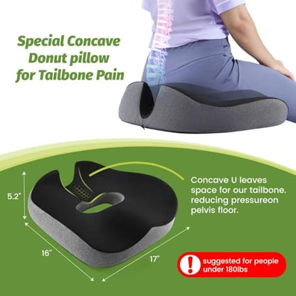 Concave U Surface Donut Pillow for Tailbone Pain Cradle Tailbone Reducing Pressure on Pelvis- Hemorrhoid Pillow for Office, Car, Home Seat-Gray (Black/Gray)