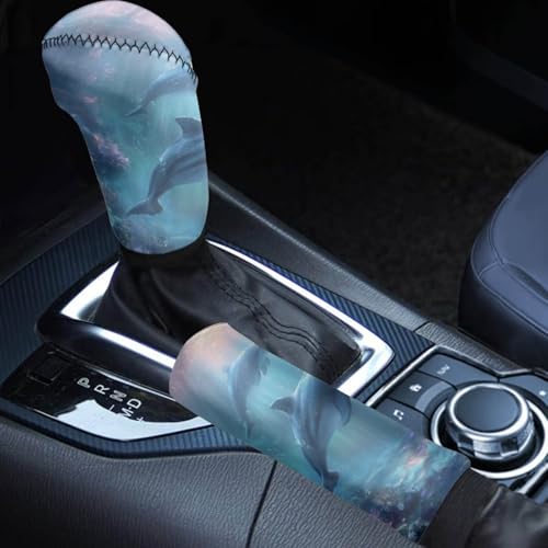 Dolphin Pattern 2 PCS Car Handbrake Cover Gear Shift Cover Set Smooth Comfortable Car Handle Level Stick Knob Cover Universal Case Sleeve Hand Protector Auto Decoration - color: Dolphin