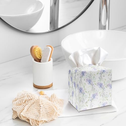 Purple Lavender Tissue Box Cover Holder, PU Leather Tissue Box Cover with Bottom Belt, Square Facial Paper Organizer for Tabletop, Bathroom, Kitchen, Car & Office -043 - color: Purple Lavender