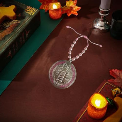 Escapularios Catolicos,2PCS Golden Saint Benedict Medal Protection Blessing Charm, St Benedict Crucifix, Catholic Handmade Jewelry Gift Car Hanging Home Decor (2PCS Pocket Pink)