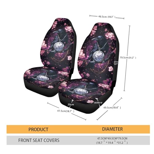 Crow Cherry Blossom Clock Print Universal Car Seat Covers Full Set of 2, Non-Fading Auto Front Bucket Seats Protector Washable Bucket Seat Covers Fit for SUV, Van, Truck, Sedan - color: Crow Cherry Blossom Clock