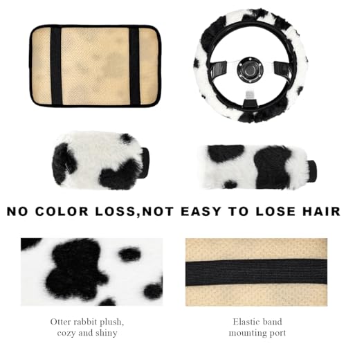 4 PCS Cow Print Car Accessories Set, Fluffy Cow Print Plush Steering Wheel Cover, Gear Shift Cover, Warm Fuzzy Console Armrest Pad & Handbrake Cover, Car Decoration Accessories - color: 4-Piece Set