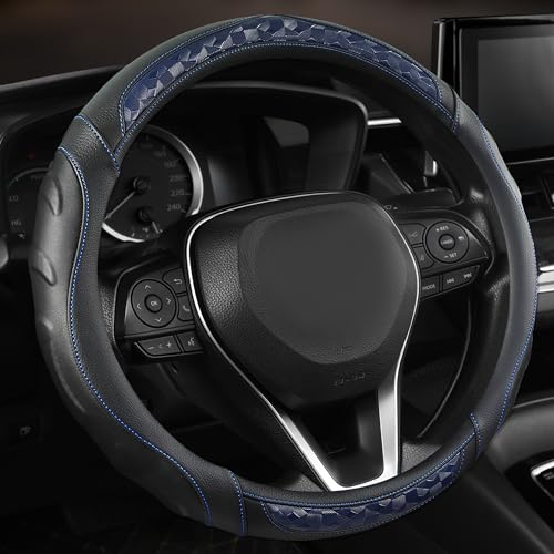 Black Seal Custom-Fit Steering Wheel Cover for Toyota Camry, Corolla, RAV4, 14.5–15", Anti-Slip PU Leather (Black+Blue) - color: Black+Blue