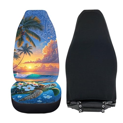 Dreaweet Tropical Themed Car Seat Covers Front Seats Only Universal 2 Piece Beach Sunset Turtle Print High Back Bucket Seat Covers for SUV Trucks Washable & Easy to Install - color: Beach Sunset Turtle