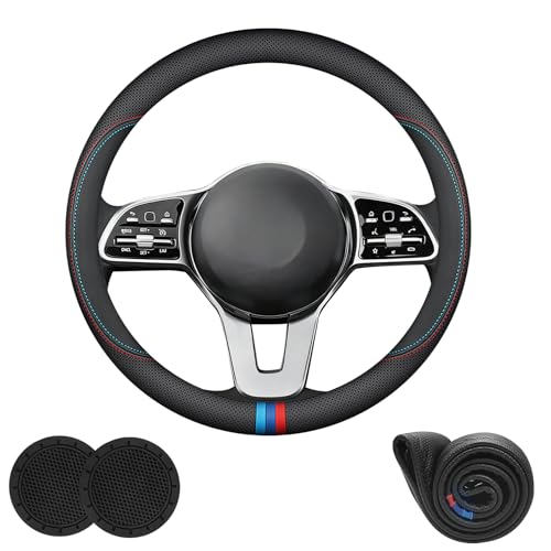 Nappa Leather Car Steering Wheel Cover Custom Fit for Mercedes Benz GLC 300 GLE 350 450 C300 Sprinter GLA 250 GLA 250 GLB 250 Accessories, Universal 15 Inch with Logo, Non-Slip and Breathable, Black - size: D-Shaped