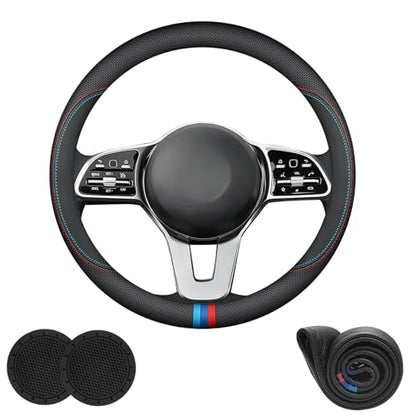 Nappa Leather Car Steering Wheel Cover Custom Fit for Mercedes Benz GLC 300 GLE 350 450 C300 Sprinter GLA 250 GLA 250 GLB 250 Accessories, Universal 15 Inch with Logo, Non-Slip and Breathable, Black - size: D-Shaped