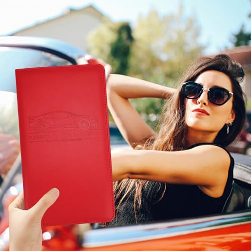 Car Registration and Insurance Card Holder, Leather License Document Red Glove Box Compartment Organizer, Car Wallet Case for Essential Info, License Cards, ID Card - color: Red