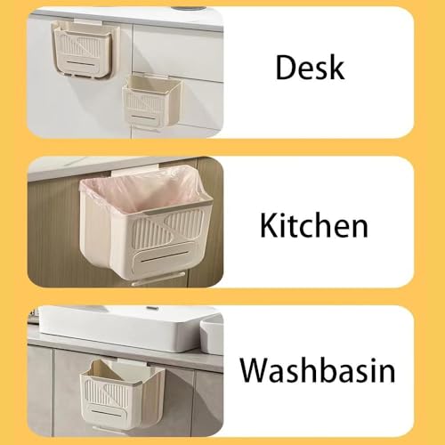 Hanging Trash Can for Kitchen Cabinet Door with 80 Garbage Bags, 2.7 Gallon Collapsible Trash Bin for Under Sink, Bathroom, Car, RV, Office (LargeCream) - size: LargeCream
