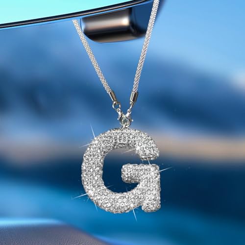 Bling Car Accessories for Women Letter Charm, Rear View Mirror Ornament Cute Hanging Crystal Pendant Girl Car Decorations, Lucky Diamond Rhinestone Girly Charm Interior (White G) - color: White G