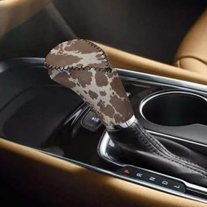 Brown Cow Print Car Gear Shift Knob Cover Set of 2, Non-Slip Handbrake Cover and Elastic Gear Shift Knob Cover Protector for Car SUV Protector - color: Brown Cow Print