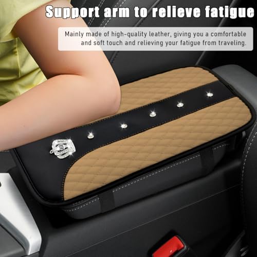 Bling Crown Car Center Console Mats, Anti-Slip and Waterproof Crystal Car Armrest Pad Protector, Universal Rustproof Armrest Decor Cushion for Cars & SUVs, Car Accessories (Beige) - color: Beige