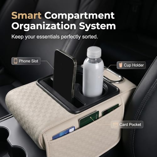 5 in 1 Car Center Console Cover, Car Armrest Cover with Cup Holder, Storage Pockets, Tissue Box Slot, Phone Holder, Car Interior Accessories (Coffee) - color: Coffee