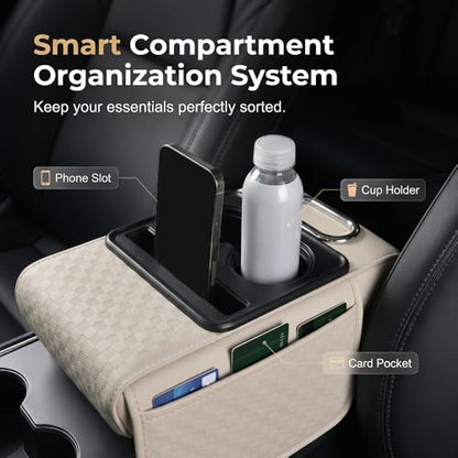 5 in 1 Car Center Console Cover, Car Armrest Cover with Cup Holder, Storage Pockets, Tissue Box Slot, Phone Holder, Car Interior Accessories (White) - color: White