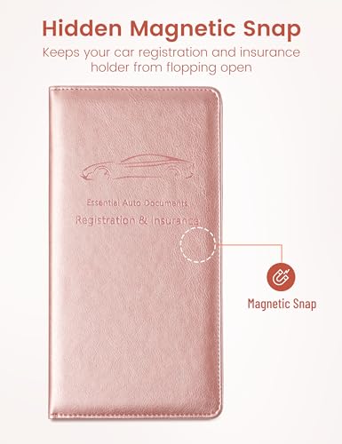 Yarnic Car Registration and Insurance Holder, Car Document Holder with Magnetic Closure, Car Wallet for Driver License, Cards and other Essential Documents (Rose Gold) - color: rosegold