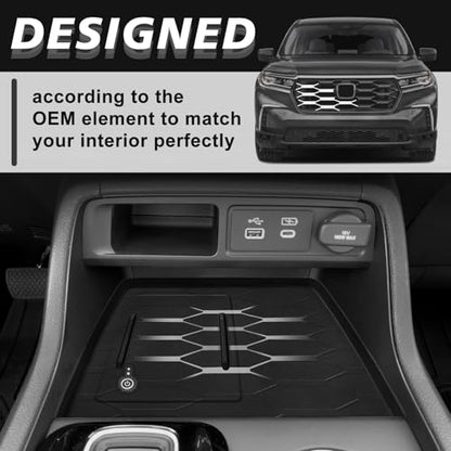 Muslogy for 2023+ Pilot Center Console Organizer&Wireless Charger Protective Mat&Shifter Storage Box Left & Right Set Compatible with Honda Pilot 2023-2026 Accessories Console Side Inserts Organizer - size: Console & Shifter Organizer & Charge Pad Mat
