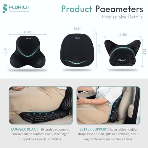 Car Seat Cushion and Lumbar Support Pillow for Office Chair Car, Neck Headrest Pillow, Ergonomic Memory Foam, Pressure-Relieving Back Support for Car, Office Chair & Wheelchair – Black - color: Black, size: Seat Cushion&Lumbar Pillow&Headrest Pillow