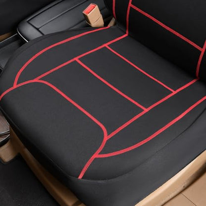 Flying Banner car seat Covers Quality Carbon Fiber Air Mesh Fabric Sport Low High Back Bucket Back Pocket Arm Rest (2 Fronts - Low Bucket - Neoprene, Red Thread)
