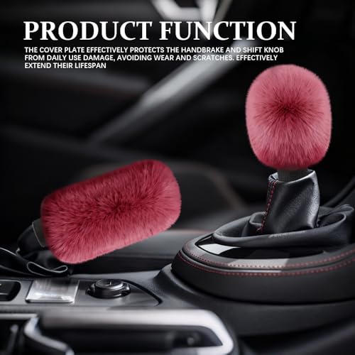 2PCS Plush Car Gear Shift Knob Cover & Handbrake Cover, Shift Knob Protector, Soft Fluffy Gear Handbrake Protective Sleeves, Shifter Lever Brake Handle Warm Plush Set for Cars (Wine Red) - color: Wine Red