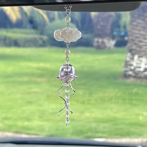 CASONA Beach Car Charm,Cute Car Rearview Mirror Hanging Decor,Handmade Purple Jellyfish Cloud Rearview Mirror Ornament,Girly Vehicle Ocean Themed Accessories for Women - color: Purple Jellyfish