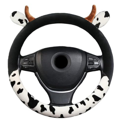 Cow Print Plush Warm Steering Wheel Cover Cute Animal Car Steering Wheel Cover for SUV Van Sedan Car Truck Gift for Women, Universal 15"