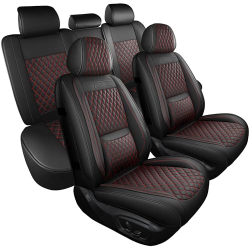 Grand Car Seat Covers Full Set,Universal Precision Fit 3D Contoured Automotive Nappa Leather Seat Covers for SUV Truck Sedan,Anti-Slip Seat Cover with Lumbar Support Style2 Black Red Line - color: Black Red Semi Coverage