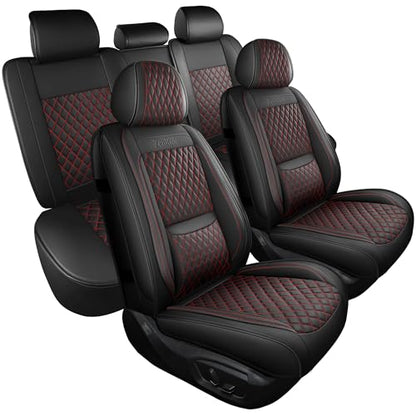 Grand Car Seat Covers Full Set,Universal Precision Fit 3D Contoured Automotive Nappa Leather Seat Covers for SUV Truck Sedan,Anti-Slip Seat Cover with Lumbar Support Style2 Black Red Line - color: Black Red Semi Coverage