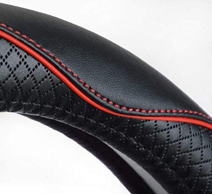 Valleycomfy Steering Wheel Covers Universal 15 inch - Genuine Leather, Breathable, Anti Slip & Odor Free (Black with Red Lines, M(14" 1/2-15" 1/4)) - color: Black with Red Lines, size: M(14"1/2-15"1/4)