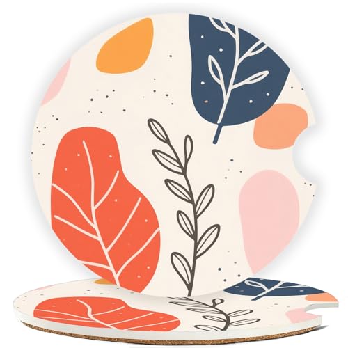Car Cup Holder Coaster Set of 2, 2.56 in Ceramic Coasters, Scratch-Resistant Cork Backing, Finger Groove Design for Easy Placement, Cute Car Accessories Interior for Women (Bohemian Leaves) - color: Bohemian Leaves