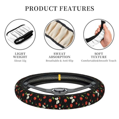Cherries with Butterflies Elastic Steering Wheel Cover Non-Slip Breathable Steering Wheel Protector Fit Auto, SUVs, Truck - color: Cherries With Butterflies